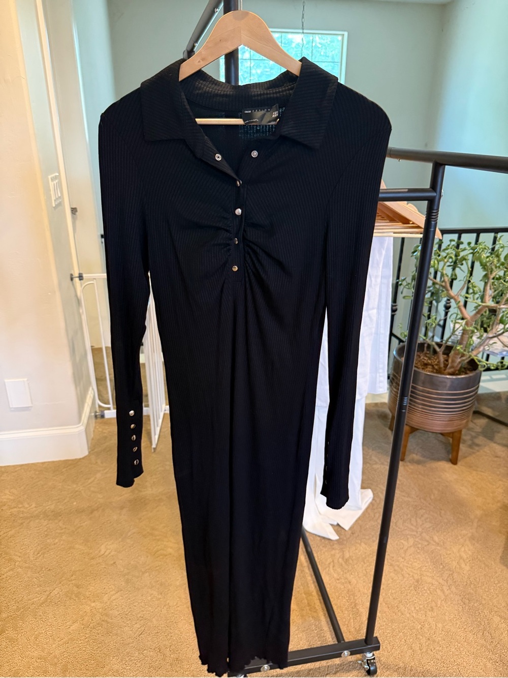 ASOS Black Long Sleeve Ribbed Polo Midi Dress with Button Detail